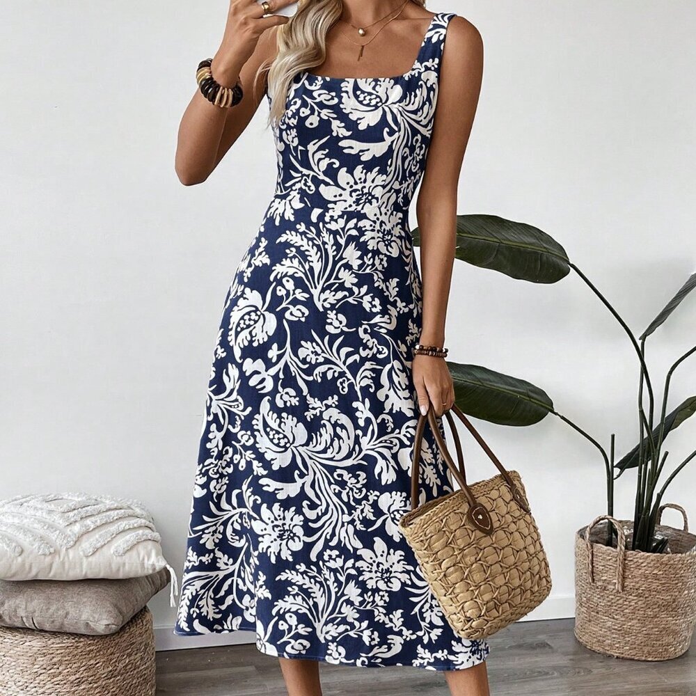 Blue Boho Women's Floral Square Neck Sleeveless Midi Dress